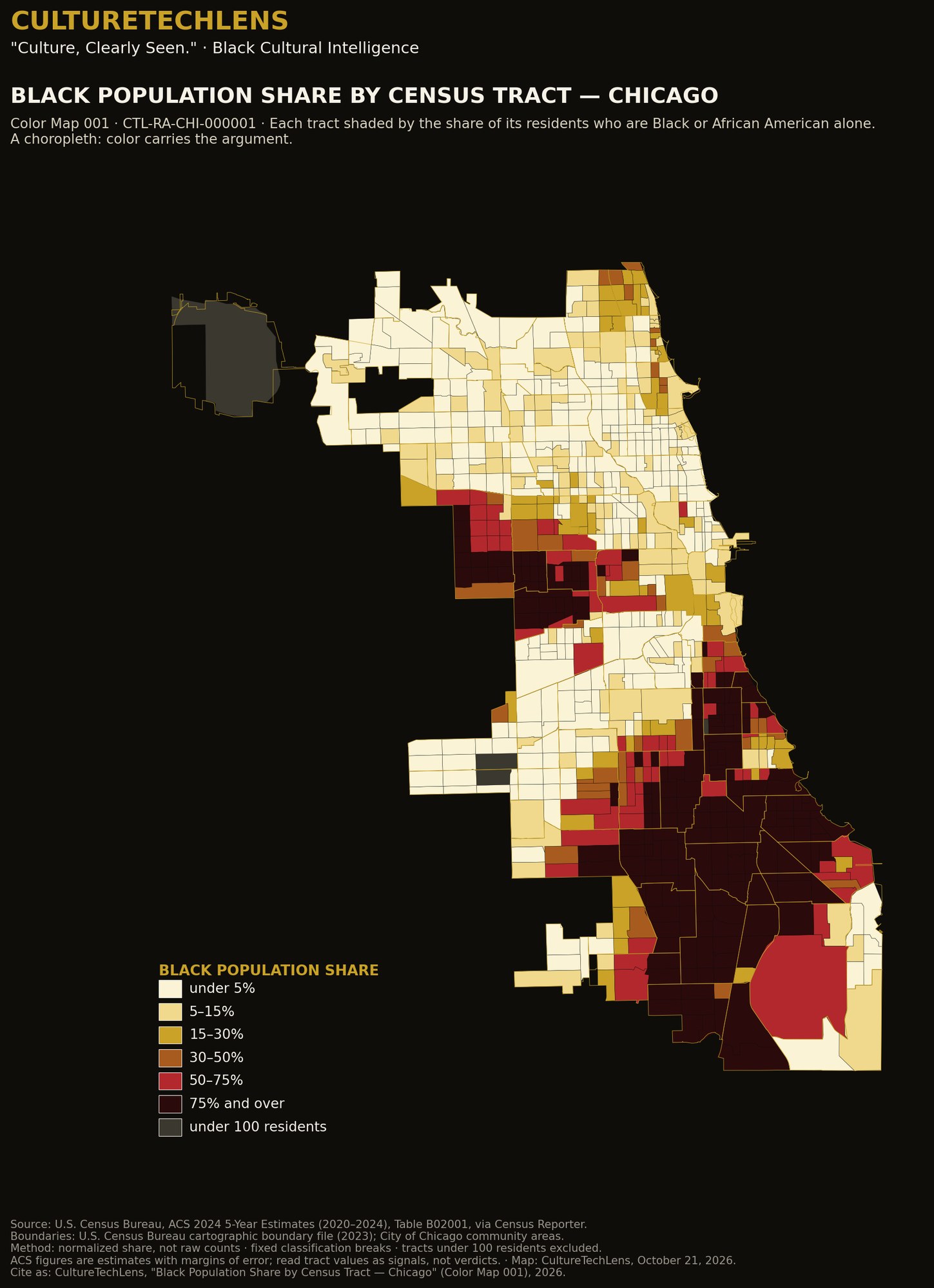Color Map 001 — The City Today — Black population share by census tract, Chicago — 27.8% citywide