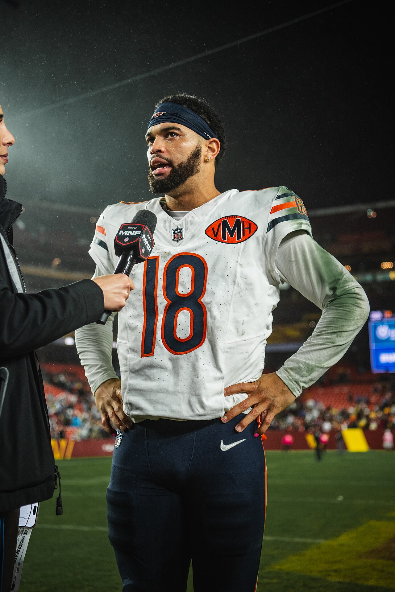 Caleb Williams in his Bears No. 18 jersey, postgame interview, October 2025