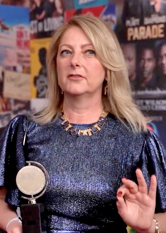 Costume designer Brigitte Reiffenstuel holding her Tony Award for Best Costume Design of a Play (Leopoldstadt) at the 76th Tony Awards, 2023