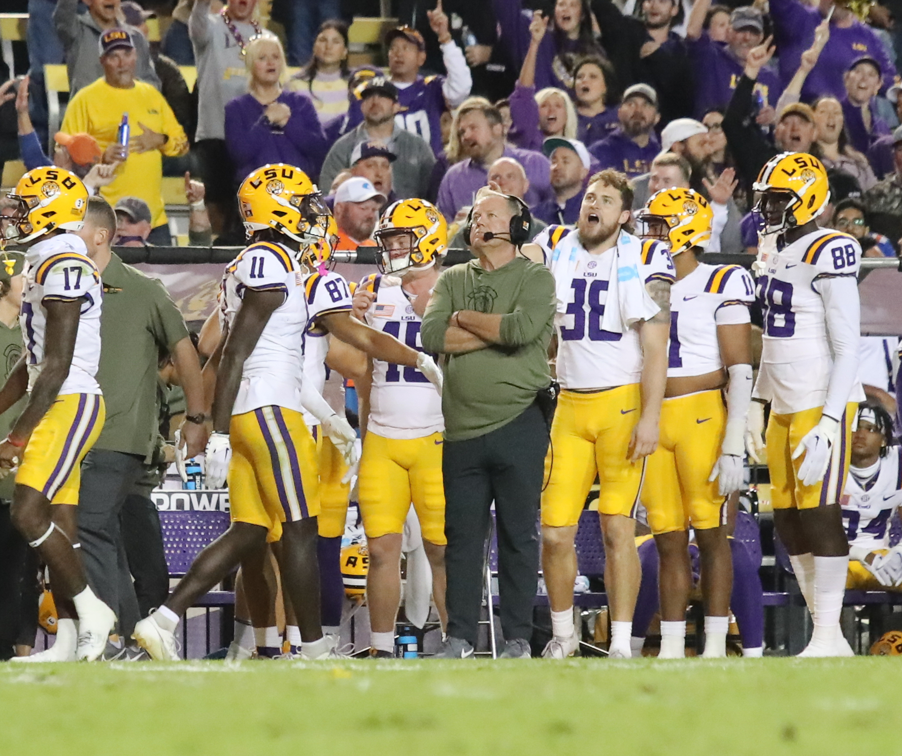 Brian Kelly coaching LSU at Tiger Stadium