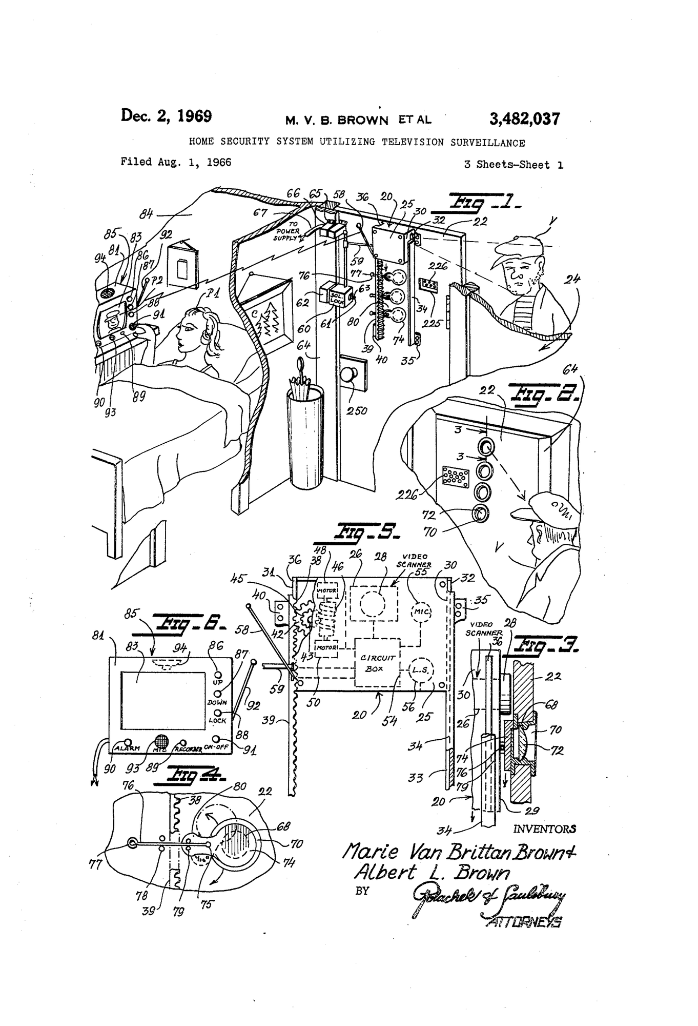 Drawing sheet from U.S. Patent No. 3,482,037, 'Home Security System Utilizing Television Surveillance' (filed August 1, 1966; issued December 2, 1969), inventors Marie Van Brittan Brown and Albert L. Brown.