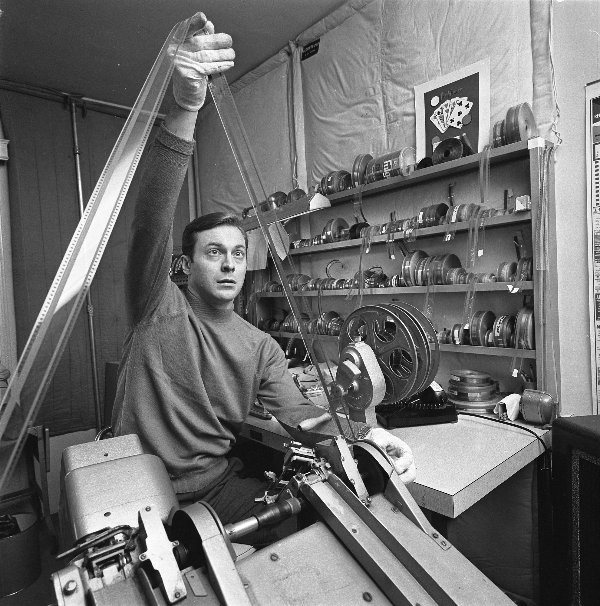 Film director Jack Hill editing his film Pit Stop, January 12, 1968.