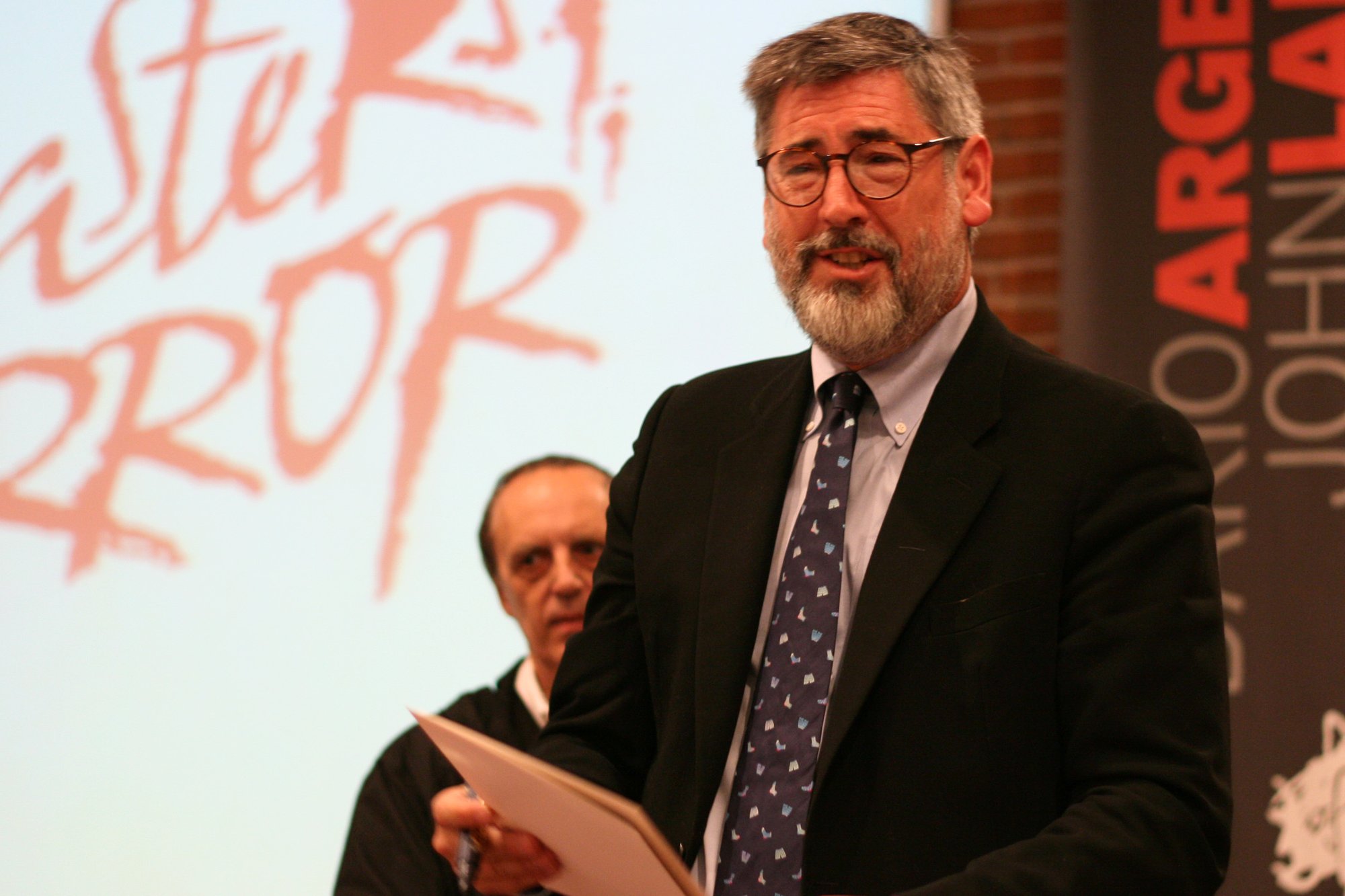 Film director John Landis (foreground), with Dario Argento behind him, at a Masters of Horror event.