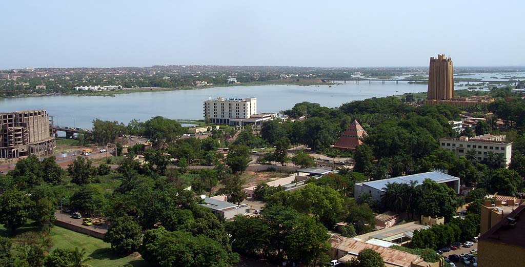 View over Bamako and the Niger River, with the BCEAO Tower at right.