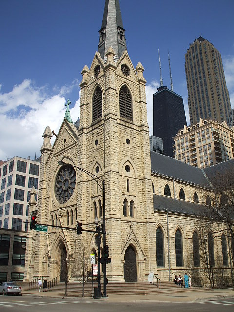 Holy Name Cathedral from State Street, Chicago, photographed March 26, 2007.