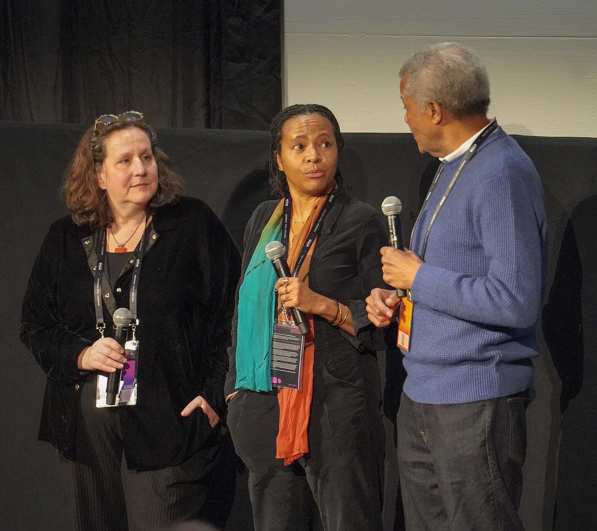 Anne de Mare, Liani Greaves, and David Greaves in Q&A at the premiere of Once Upon a Time in Harlem, 2026 Sundance Film Festival