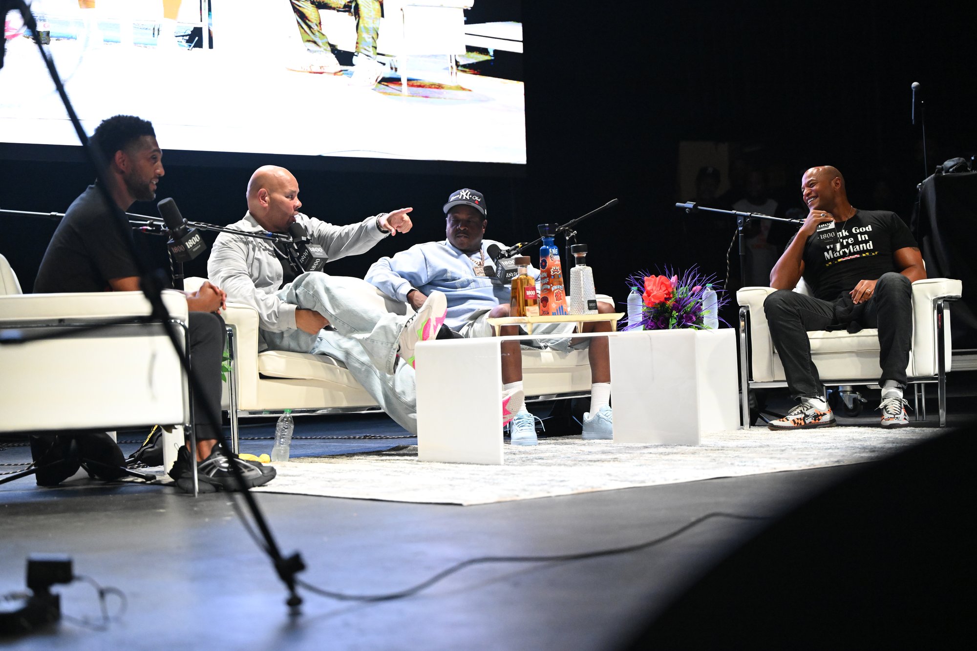 Fat Joe and Jadakiss taping the Joe and Jada podcast live in Baltimore, Maryland, with Governor Wes Moore (right).