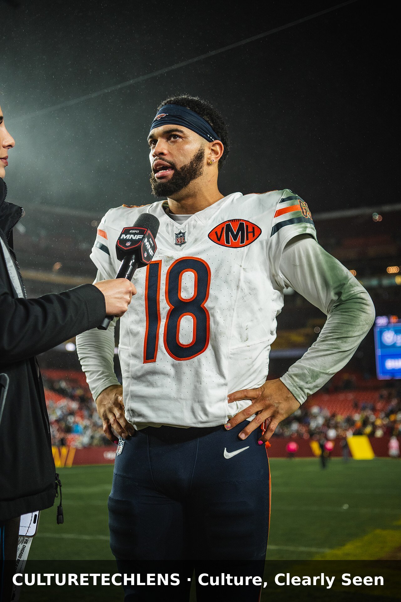 Caleb Williams in his Bears No. 18 jersey, postgame interview, October 2025