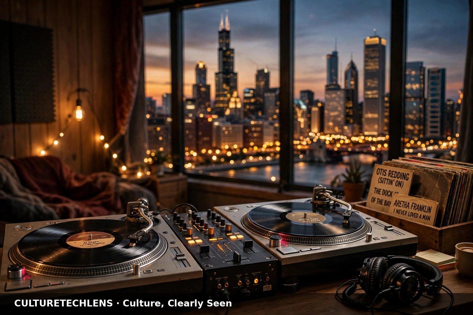 DJ turntables with vinyl records, Chicago skyline at dusk — CultureTechLens