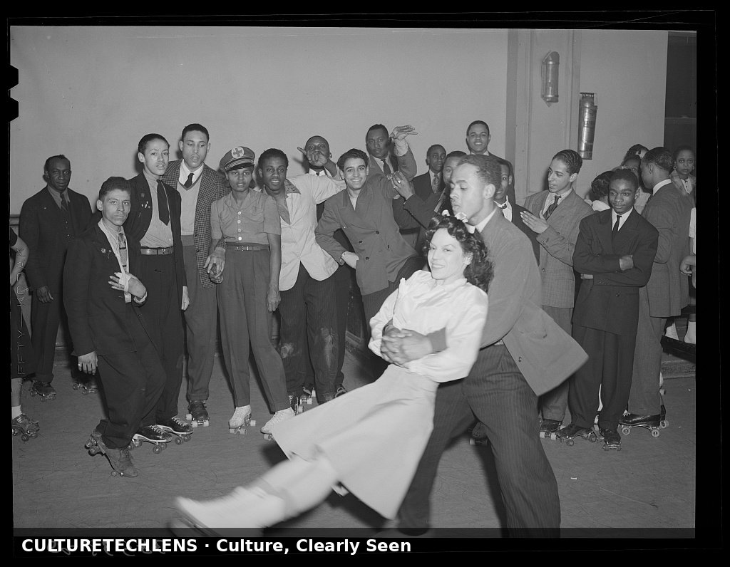 Negro swinging his girl on roller skates. Savoy Ballroom, Chicago, Illinois, 1941 — Cultur