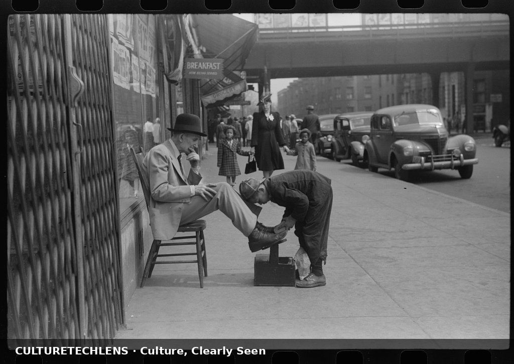 Shoeshine, 47th Street, Chicago's main Negro business street, Chicago, Illinois, 1941 — Cu