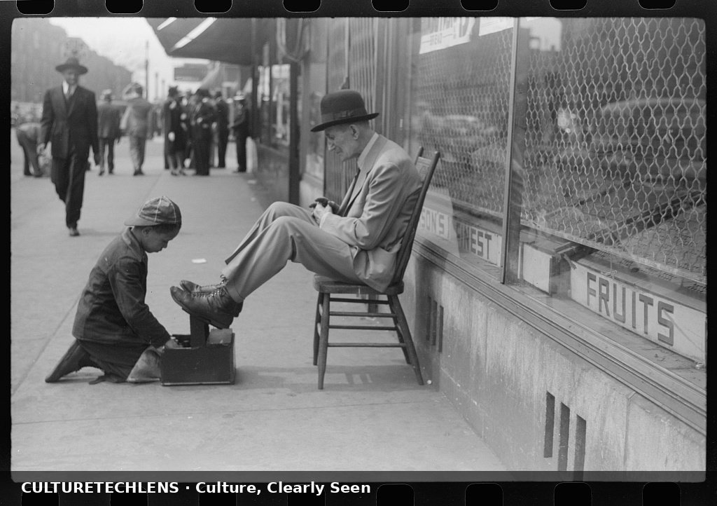 Shoeshine, 47th Street, Chicago's main Negro business street, Chicago, Illinois, 1941 — Cu