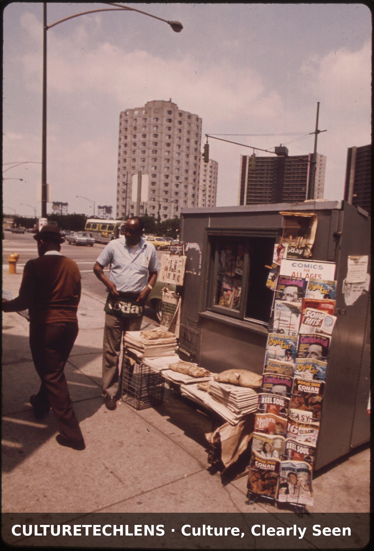 Black man operating a newsstand in chicago a, 1973