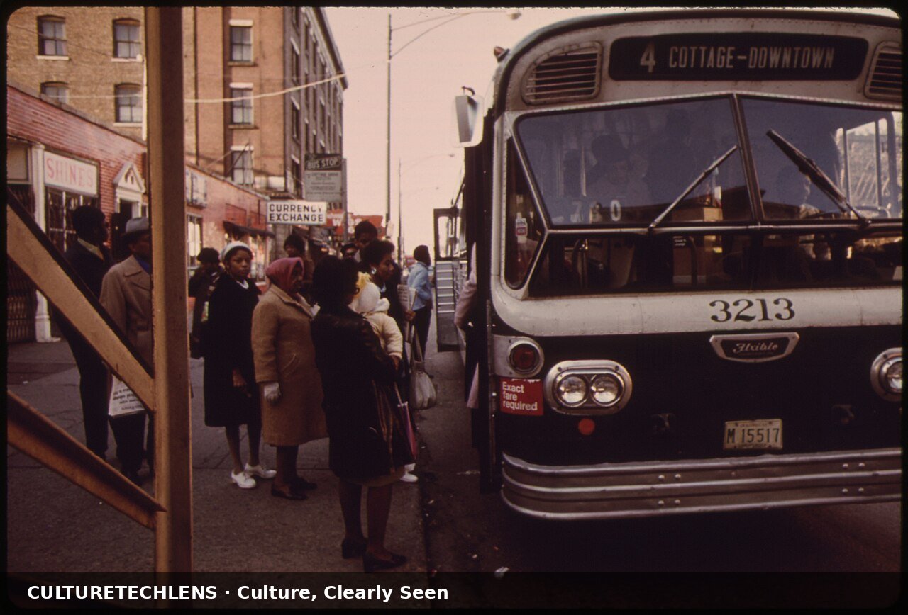 Blacks using bus transportation on 63rd stre, 1973