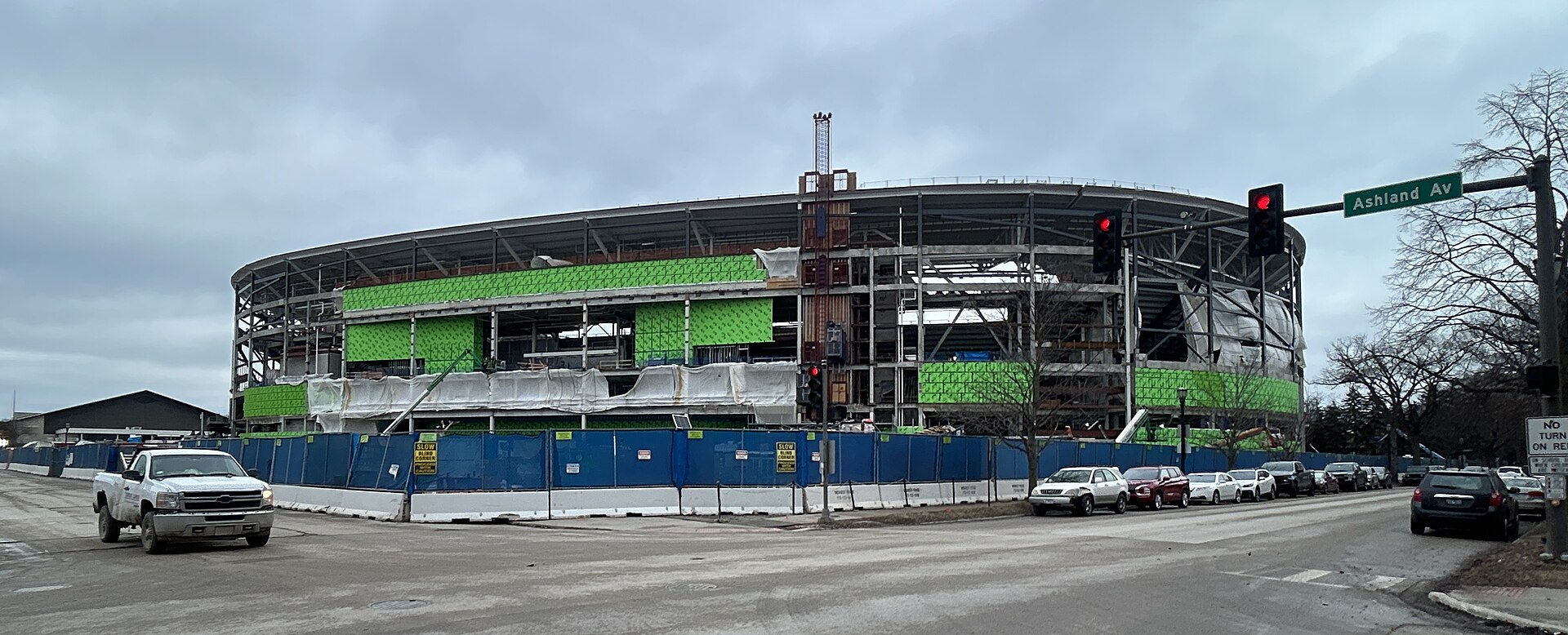 Northwestern's new Ryan Field under construction at Central and Ashland in Evanston, February 2026