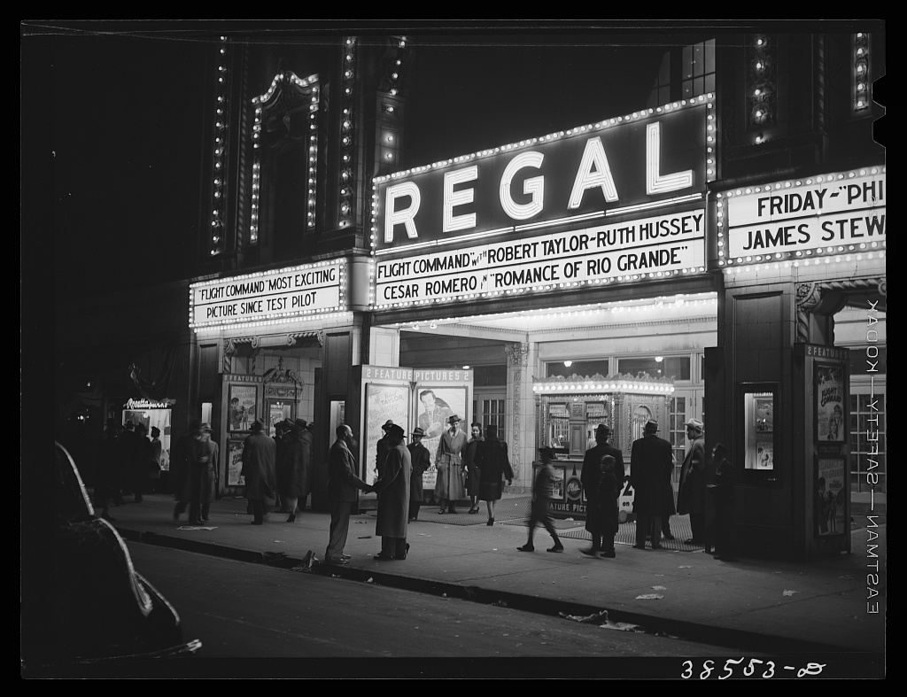The Regal Theater marquee lit at night, 47th Street, Chicago, April 1941