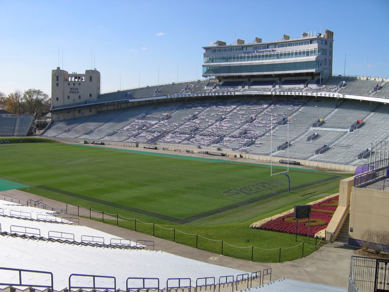 The old Ryan Field, formerly Dyche Stadium, in Evanston: the horseshoe bowl, towers, and Leonard B. Thomas press box