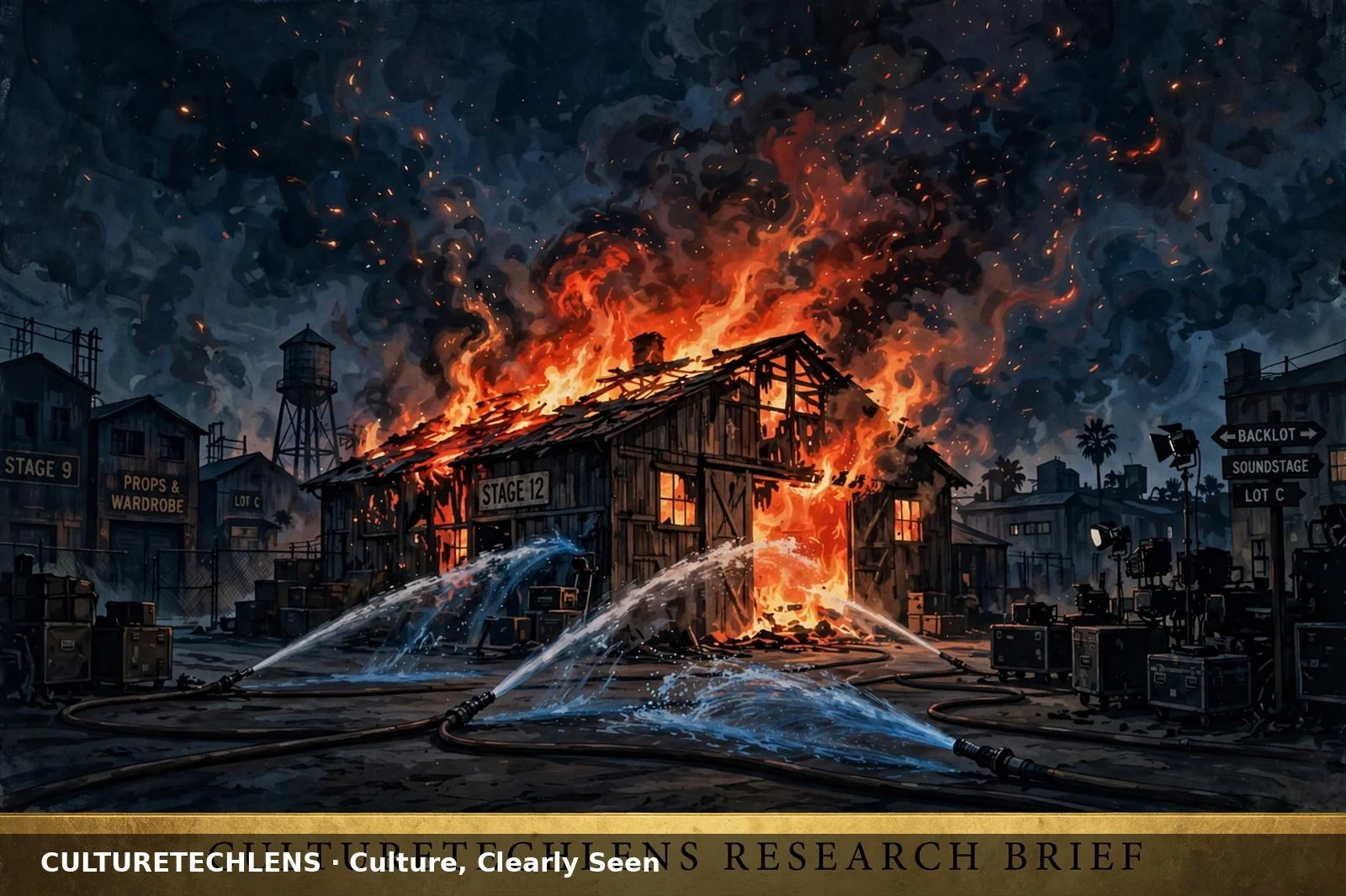 Backlot warehouse fire at night — CultureTechLens