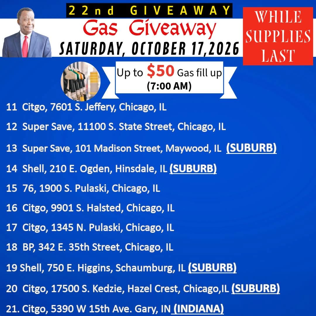 The 22nd Giveaway announcement graphic listing stations 11 to 21, from Chicago's South Side to Maywood, Hinsdale, Schaumburg, Hazel Crest, and Gary, Indiana