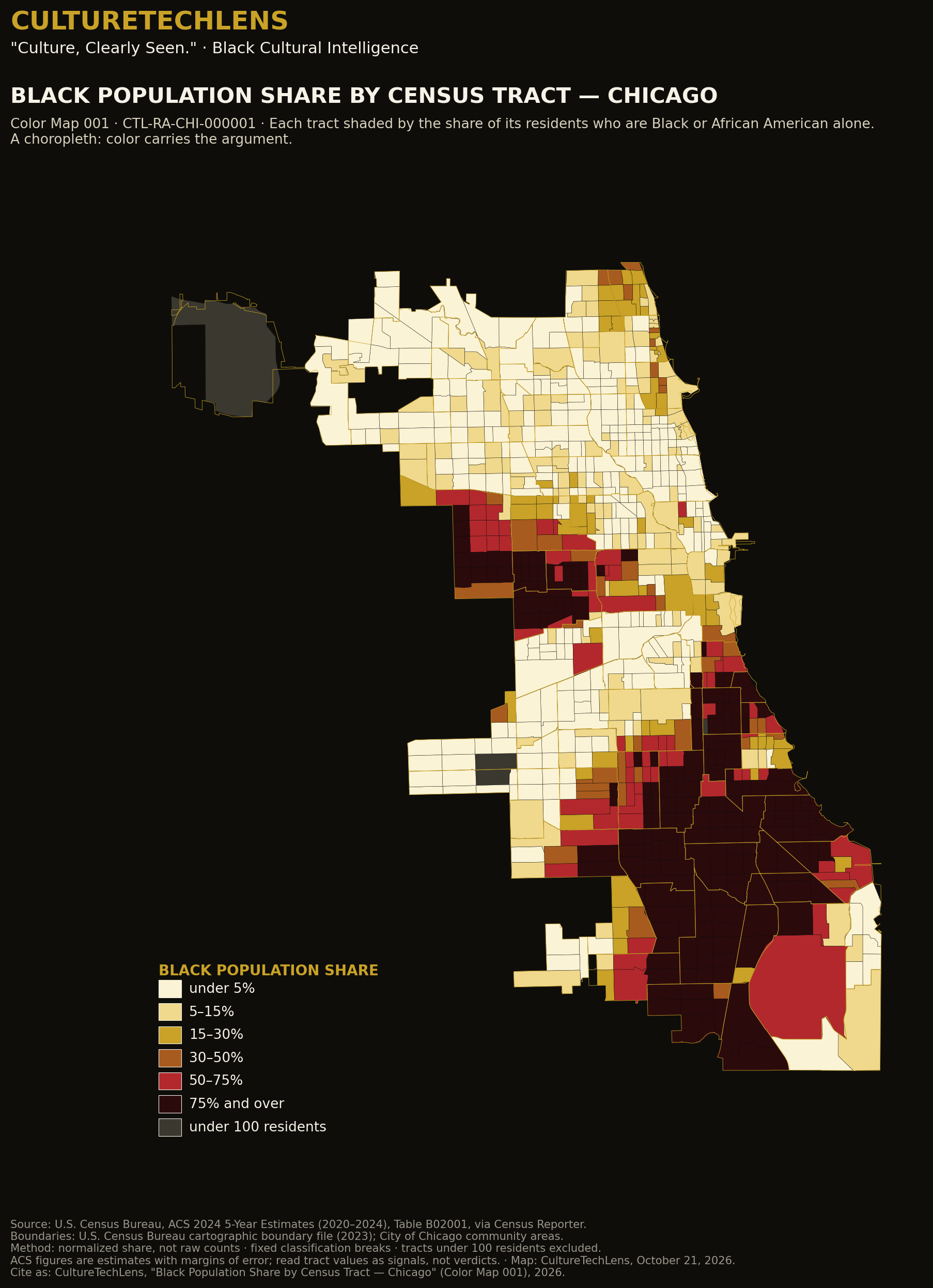 Color Map 001 -- Black Population Share by Census Tract, Chicago