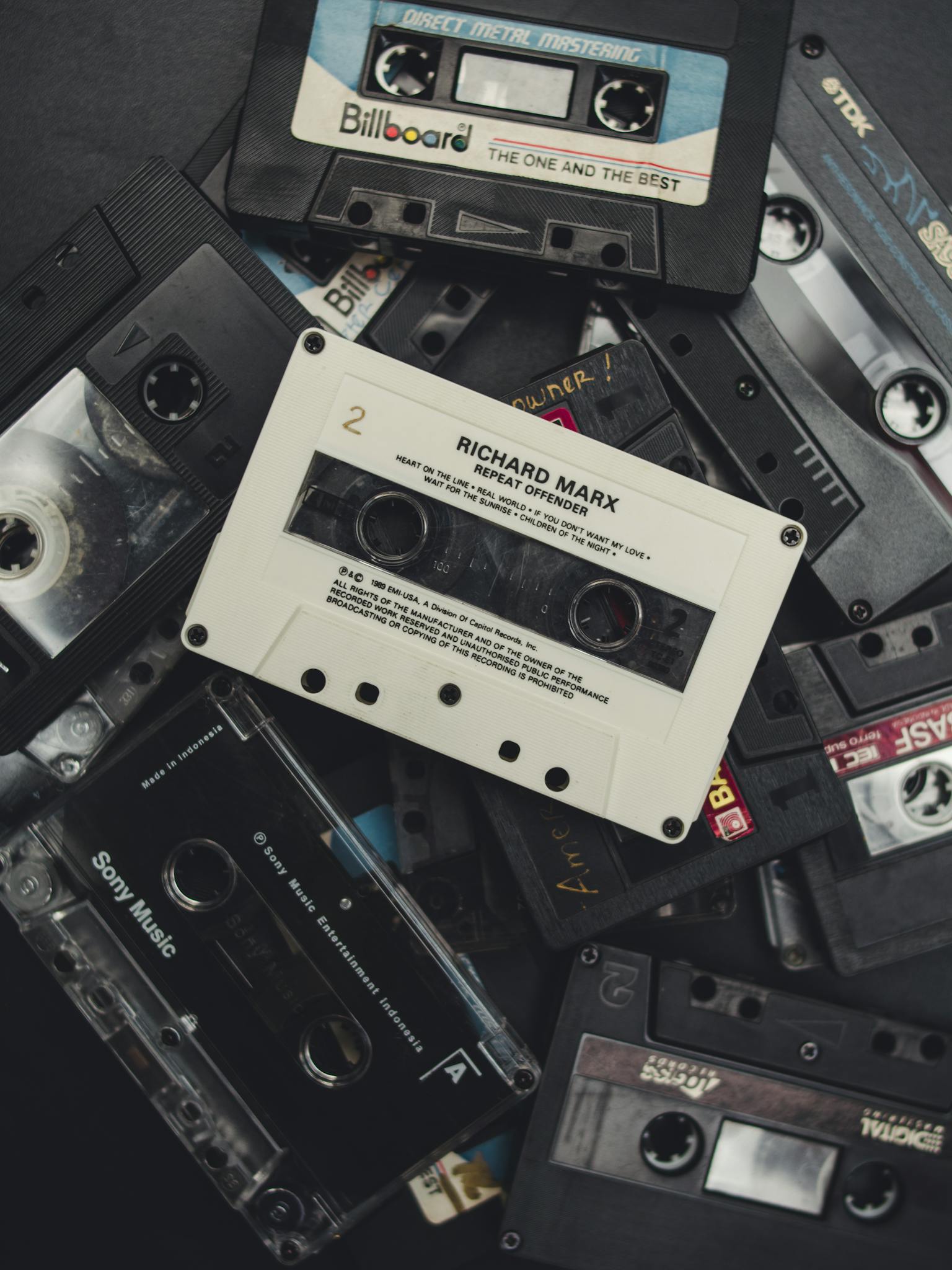 Explore a nostalgic collection of classic cassette tapes, showcasing retro aesthetics and memories of analog music.